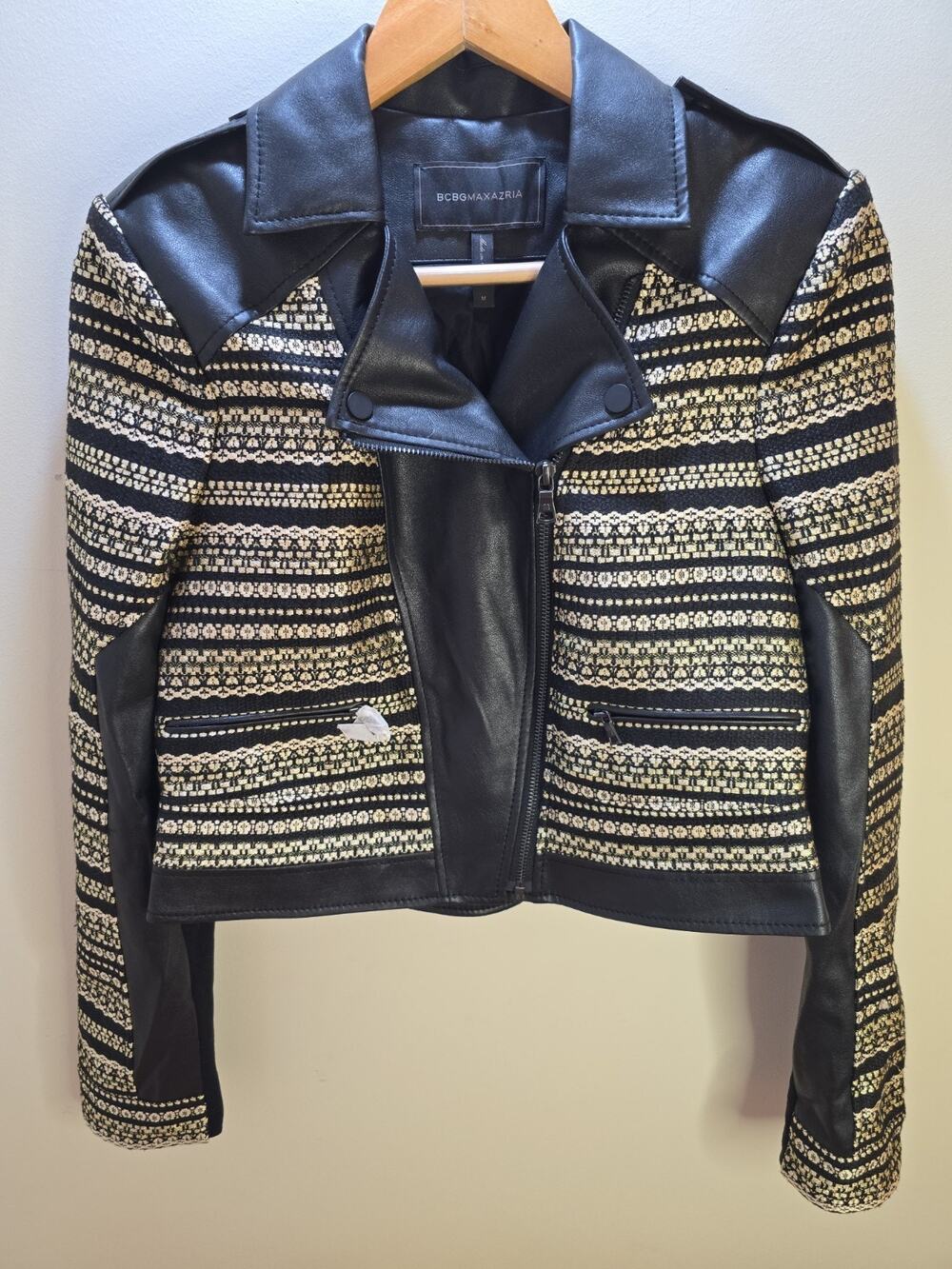 BCBGMAXAZRIA Leonardo Moto Jacket Medium Black Gold Embellished